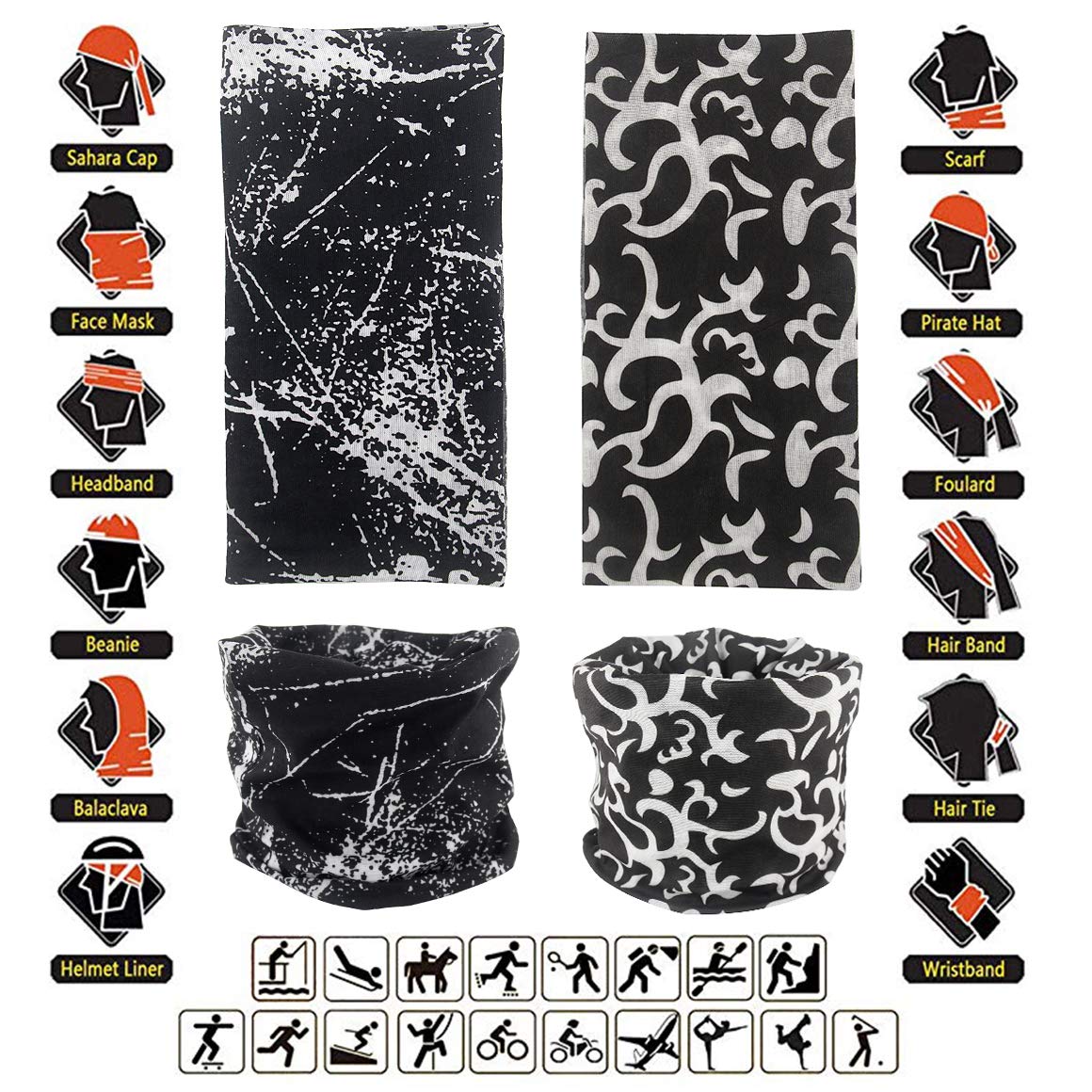 Cutewing 10PCS Magic Headband Scarf Neck Gaiter Elastic Seamless Bandanas Outdoor UV Face Mask Sport Headwear with Black Series