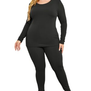 IN'VOLAND Women’s Plus Size Thermal Long Johns Sets Fleece Lined 2 Pcs Underwear Top & Bottom Pajama Set Black