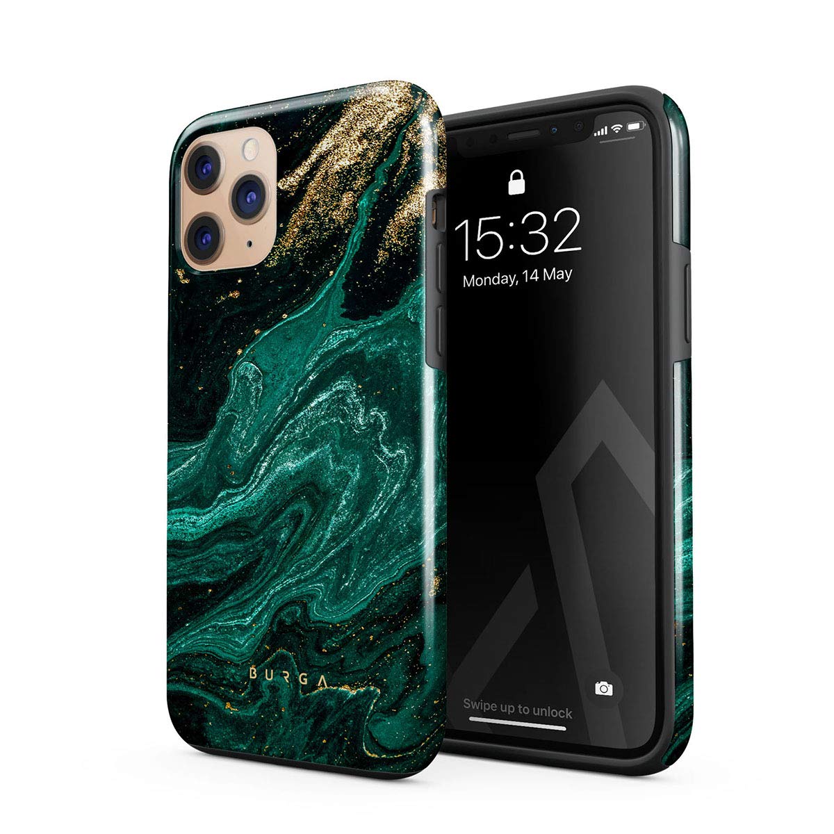 BURGA Phone Case Compatible with iPhone 11 PRO MAX - Hybrid 2-Layer Hard Shell + Silicone Protective Case -Emerald Green Jade Stone Luxury Gold Glitter Marble - Scratch-Resistant Shockproof Cover