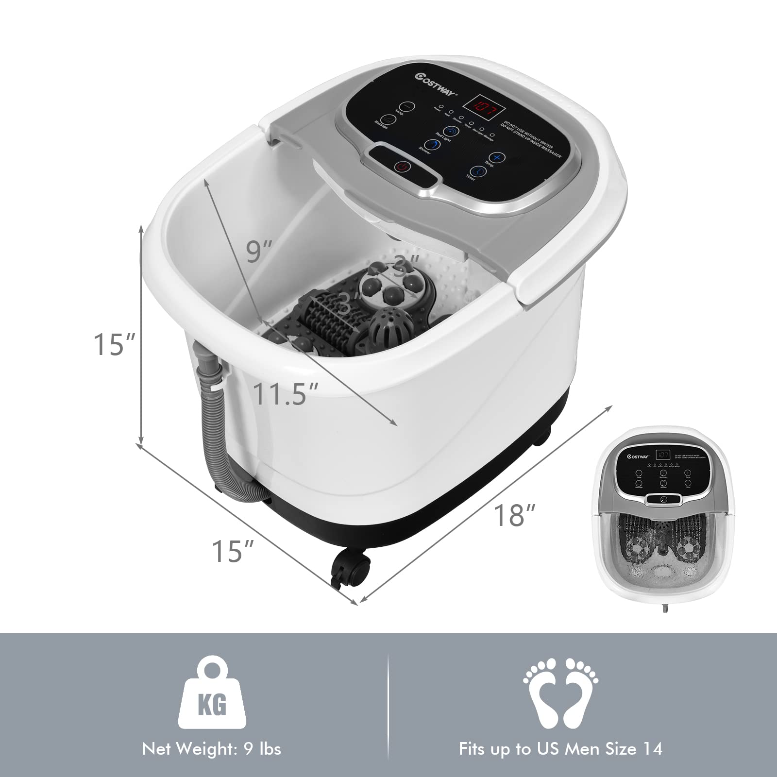 COSTWAY Foot Spa/Bath Massager, with Motorized Rollers, Shiatsu Massage, Shower, Heat, Red Light, Temperature Control, Timer, LED Display, Drainage Pipe for Foot Stress Relief (Grey)