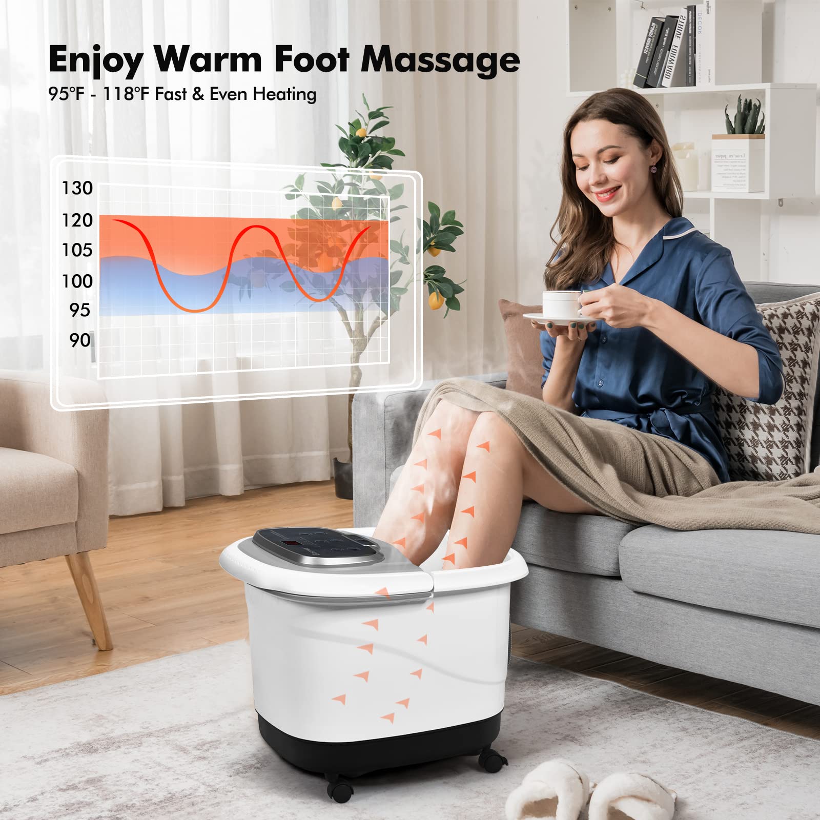 COSTWAY Foot Spa/Bath Massager, with Motorized Rollers, Shiatsu Massage, Shower, Heat, Red Light, Temperature Control, Timer, LED Display, Drainage Pipe for Foot Stress Relief (Grey)