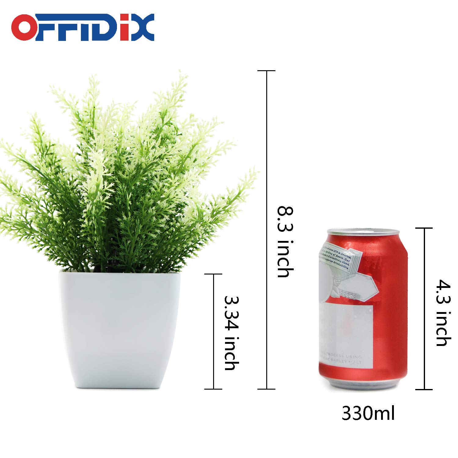 OFFIDIX Plastic Fake Green Plant, Faux House Plants Desk Plant Artificial Plants with White Square Vase for Farmhouse,Home,Garden,Office,Patio,Wedding and Indoor Outdoor Decoration 1pc