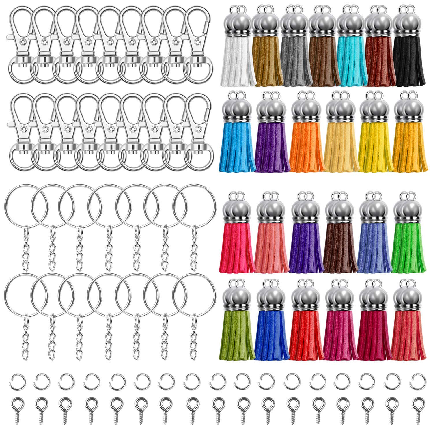 Keychain Tassles, Cridoz 300pcs Bulk Keychains Ring Set Includes 50pcs Tassels for Crafts, 50pcs Keychain Clips, 50pcs Key Chain Rings, 100pcs Jump Ring and 50pcs Screw Eye Pins for DIY Keychain