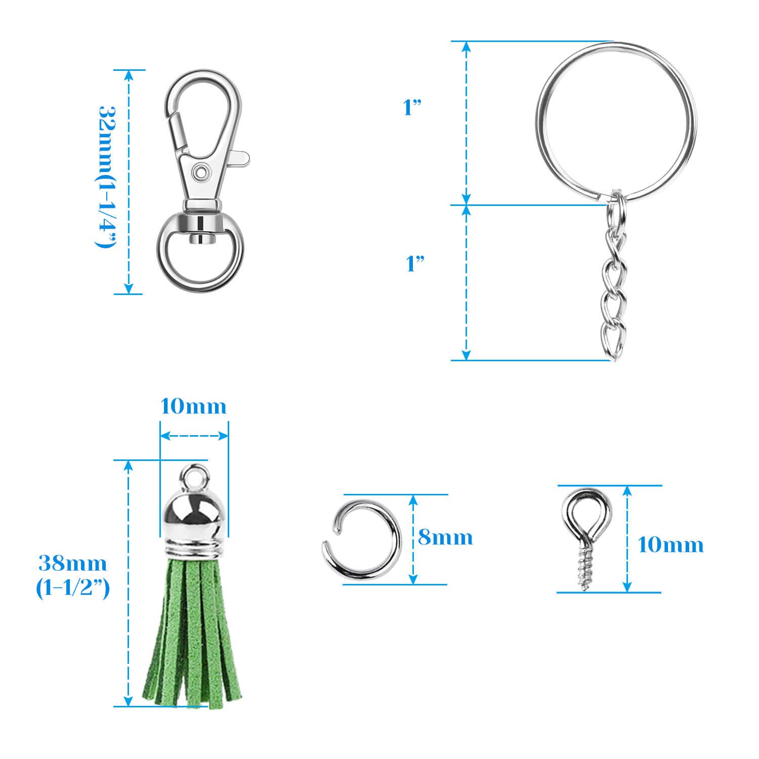 Keychain Tassles, Cridoz 300pcs Bulk Keychains Ring Set Includes 50pcs Tassels for Crafts, 50pcs Keychain Clips, 50pcs Key Chain Rings, 100pcs Jump Ring and 50pcs Screw Eye Pins for DIY Keychain