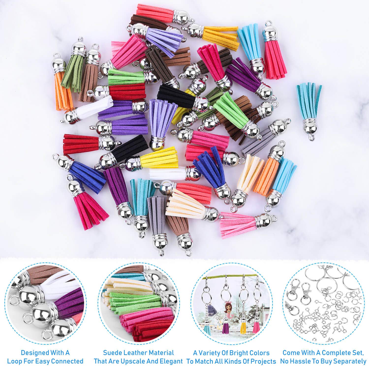 Keychain Tassles, Cridoz 300pcs Bulk Keychains Ring Set Includes 50pcs Tassels for Crafts, 50pcs Keychain Clips, 50pcs Key Chain Rings, 100pcs Jump Ring and 50pcs Screw Eye Pins for DIY Keychain