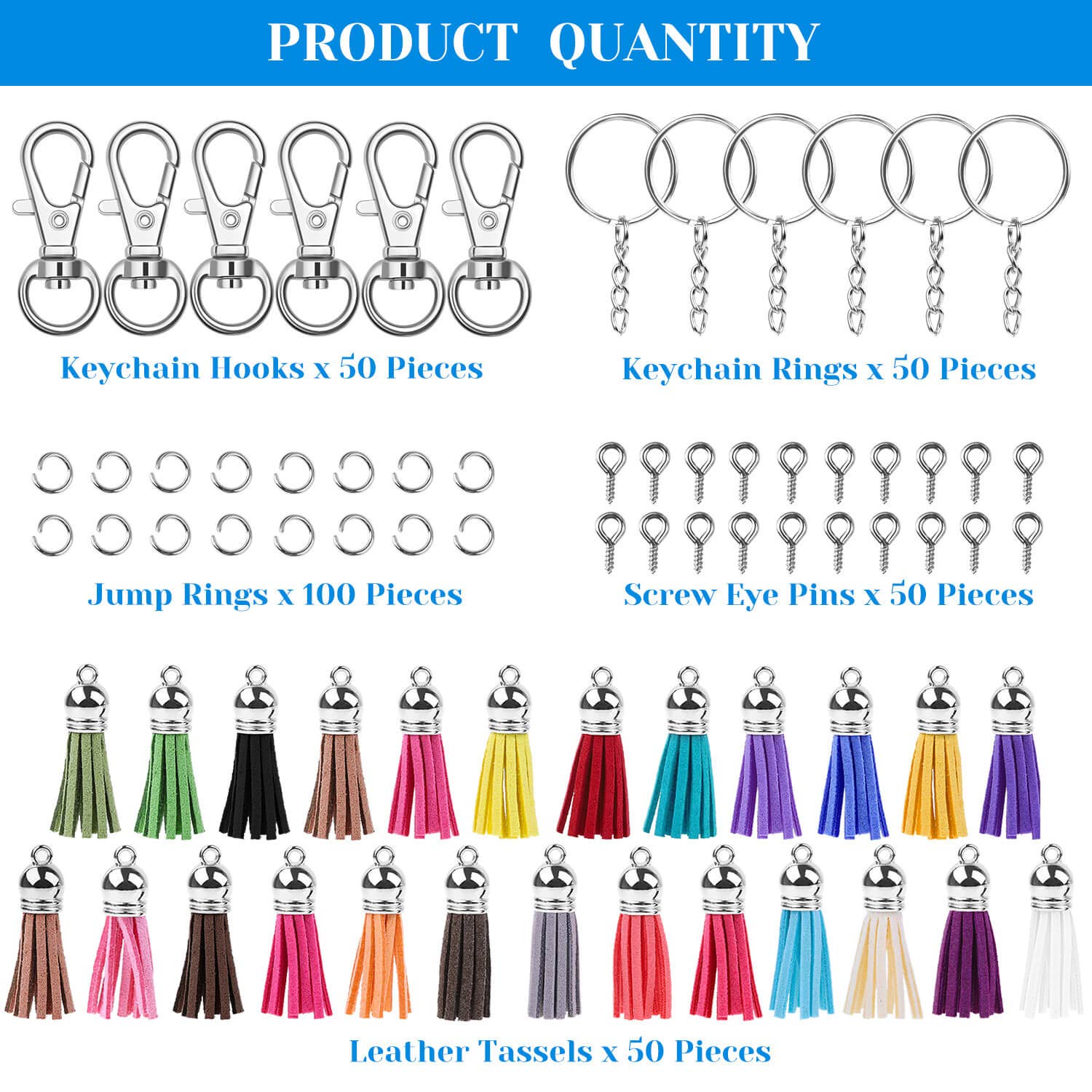 Keychain Tassles, Cridoz 300pcs Bulk Keychains Ring Set Includes 50pcs Tassels for Crafts, 50pcs Keychain Clips, 50pcs Key Chain Rings, 100pcs Jump Ring and 50pcs Screw Eye Pins for DIY Keychain