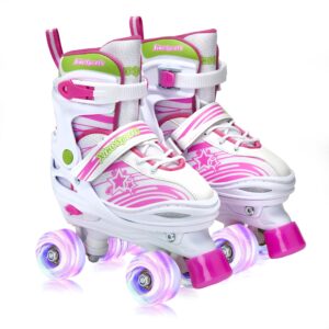 xino sports kids adjustable roller skates for girls & boys - light up wheels (ages 5-20) – roller skates with illuminating wheels! pink size medium 1-4