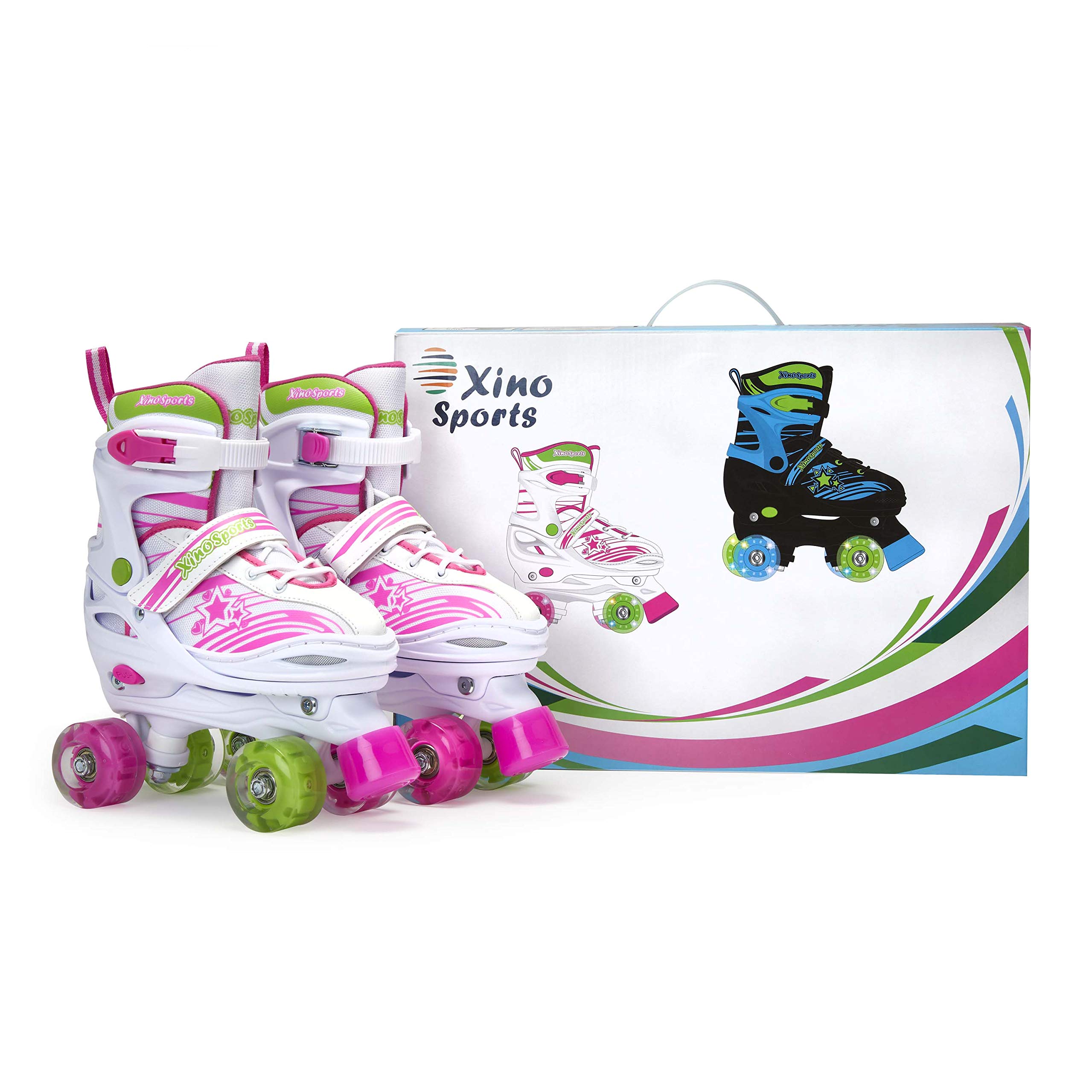 Xino Sports Kids Adjustable Roller Skates for Girls & Boys - Light Up Wheels (Ages 5-20) – Roller Skates with Illuminating Wheels! Pink Size Medium 1-4