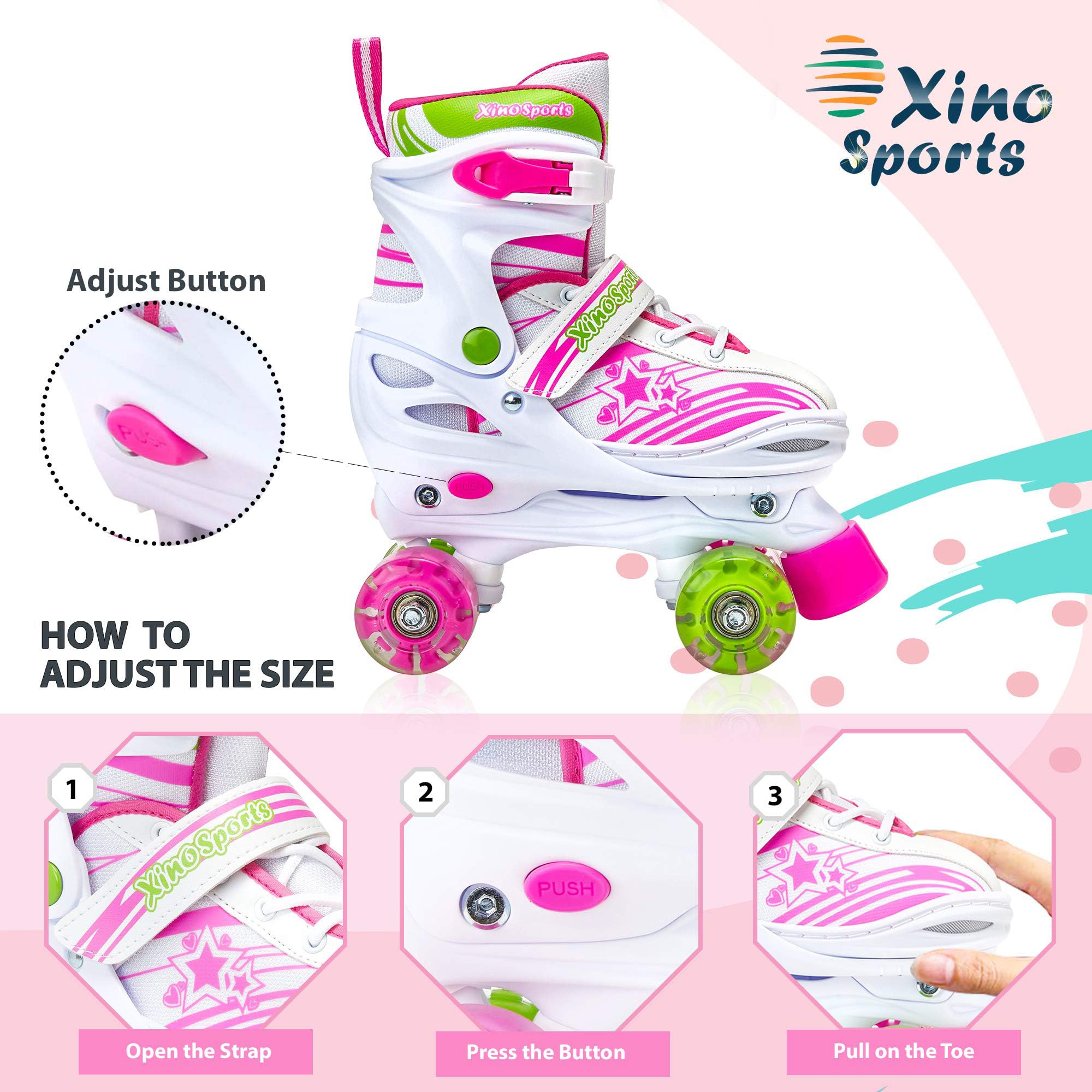 Xino Sports Kids Adjustable Roller Skates for Girls & Boys - Light Up Wheels (Ages 5-20) – Roller Skates with Illuminating Wheels! Pink Size Medium 1-4