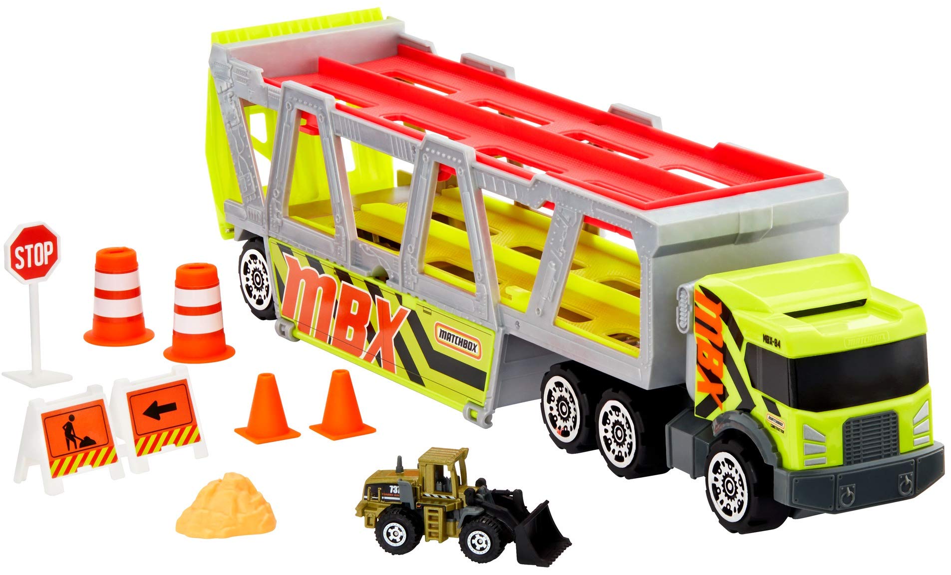 Matchbox Construction Hauler Detachable Cab Holds 16 Vehicles Plus Metal die-cast Tractor and Parts for Realistic Story Play Great Gift Ages 3 and Older