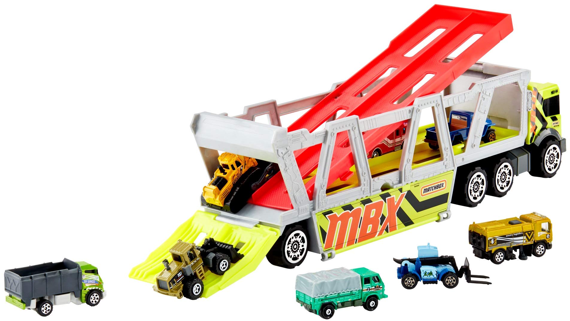 Matchbox Construction Hauler Detachable Cab Holds 16 Vehicles Plus Metal die-cast Tractor and Parts for Realistic Story Play Great Gift Ages 3 and Older