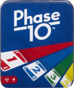 mattel games phase 10 card game for families, adults and kids, challenging & exciting rummy-style play in a storage tin (amazon exclusive)