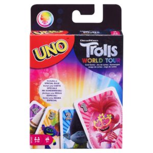 mattel games dreamworks trolls world tour uno card game with 112 cards and instructions, makes a great gift for 7 year olds and up