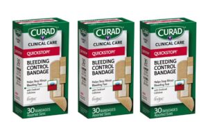 curad quickstop flex-fabric bandages, quickstop bleeding control technology, assorted sizes, 30 count (pack of 3)