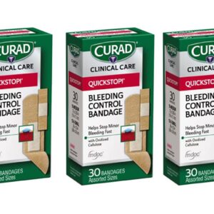 Curad Quickstop Flex-Fabric Bandages, Quickstop Bleeding Control Technology, Assorted Sizes, 30 Count (Pack of 3)