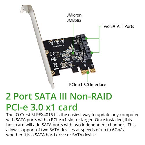 I/O CREST 2 Port SATA III Pci-E 3.0 X1 Controller Card (Jmicro Chipset), Add Two SATA 3.0 Devices to Any PCIe Slot