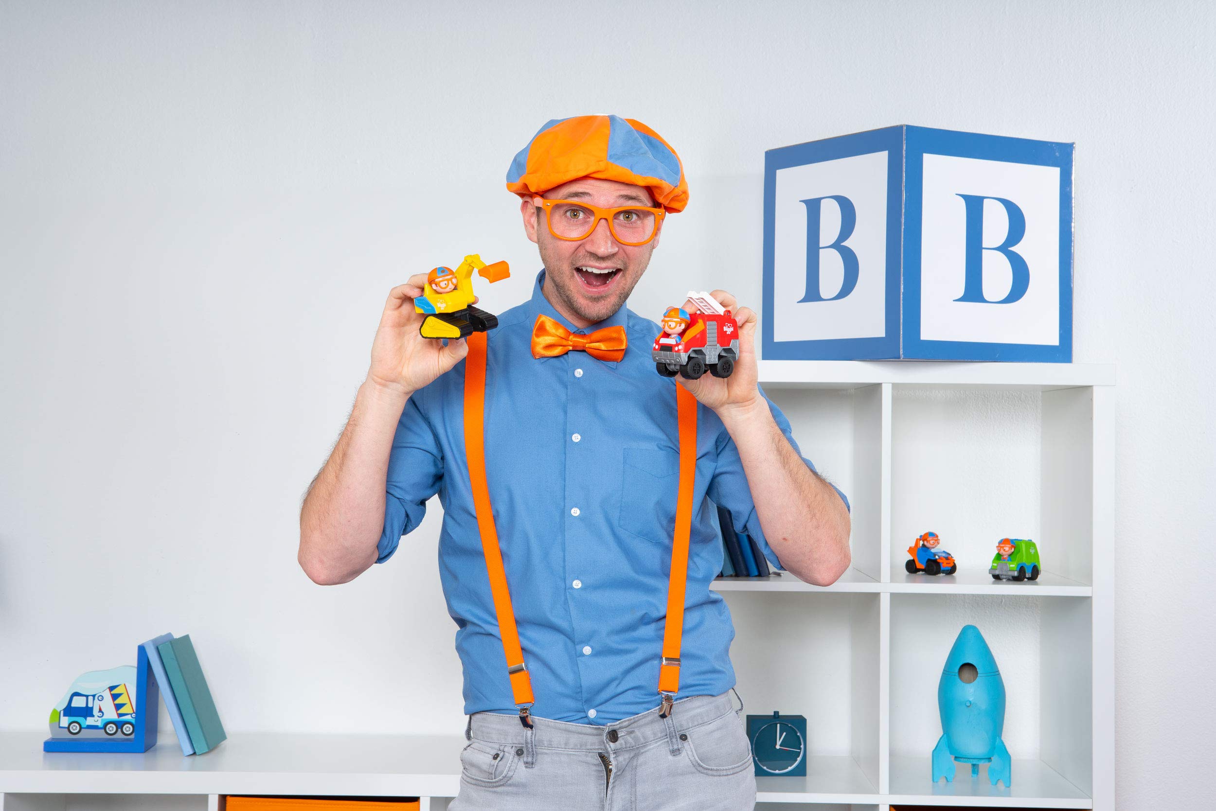 Blippi Mini Vehicles, Including Excavator and Fire Truck, Each with a Character Toy Figure Seated Inside - Zoom Around The Room for Free-Wheeling Fun - Perfect for Young Children