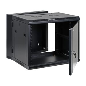 aeons 9u professional wall mount server cabinet enclosure double section hinged swing out 19-inch server network rack with locking glass door black (fully assembled)
