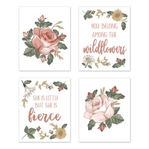 sweet jojo designs vintage floral boho wall art prints room decor for baby, nursery, and kids - set of 4 - blush pink, yellow, green and white shabby chic rose flower farmhouse wildflower