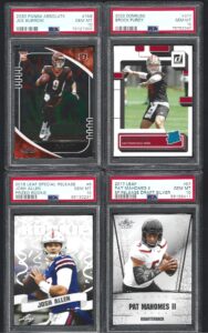 psa 10 patrick "pat" mahomes josh allen joe burrow brock purdy leaf & panini donruss 4 card rookie lot graded psa mint 10 young superstar quarterbacks