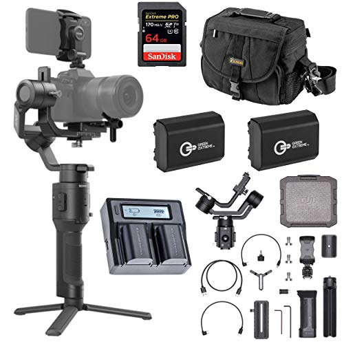 DJI Ronin-SC Handheld 3-Axis Gimbal Stabilizer for Sony Mirrorless Camera, (a7 III, a7RIII, a7R IV, a6600) Pro Video Bundle with Bag, 64GB SD Card, 2 Green Extreme NP-FZ100 Battery, Dual Charger