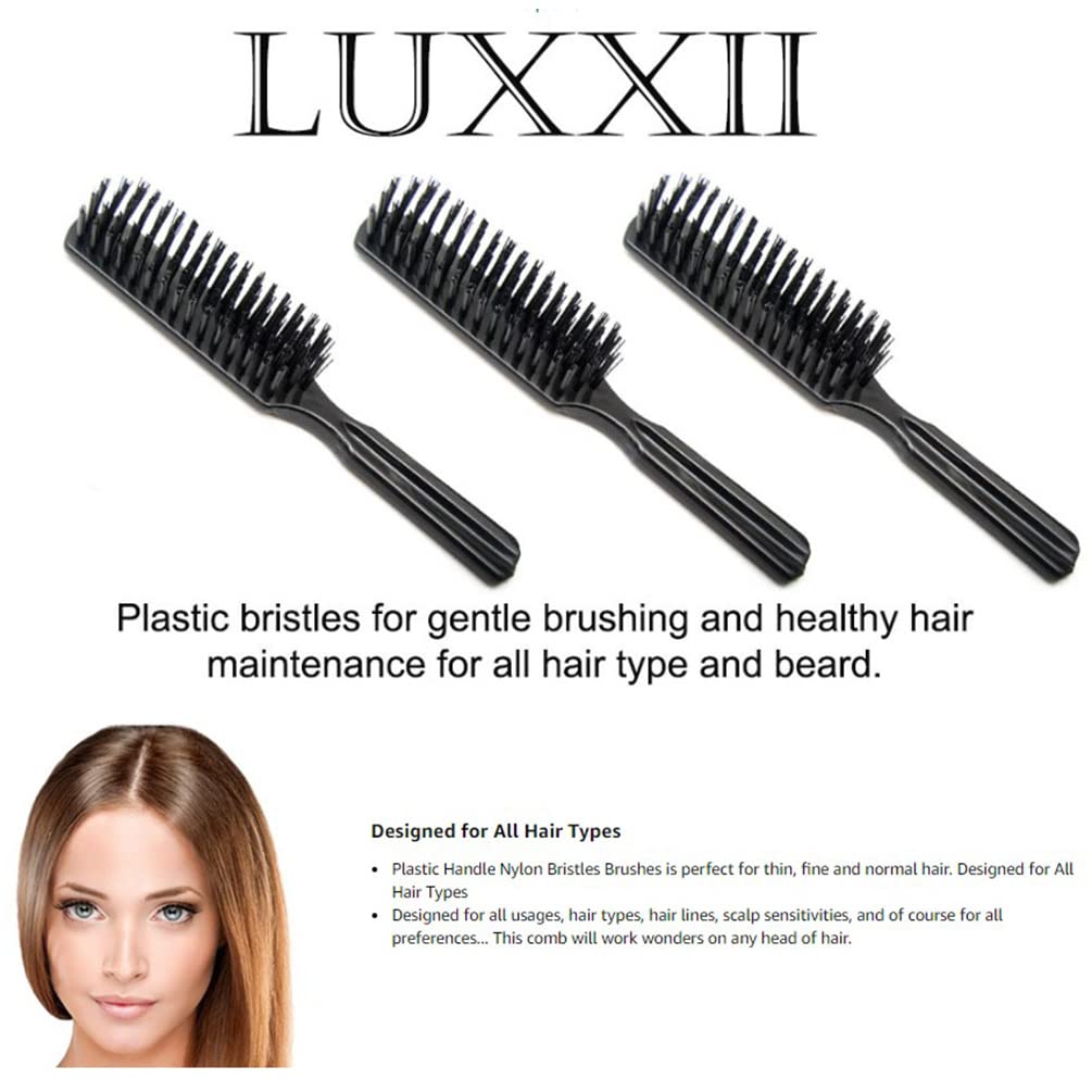 LUXXII (3 Pack) 6" Pocket Plastic Handle Nylon Bristle Brush Hair Comb Designed for All Hair Types (A)