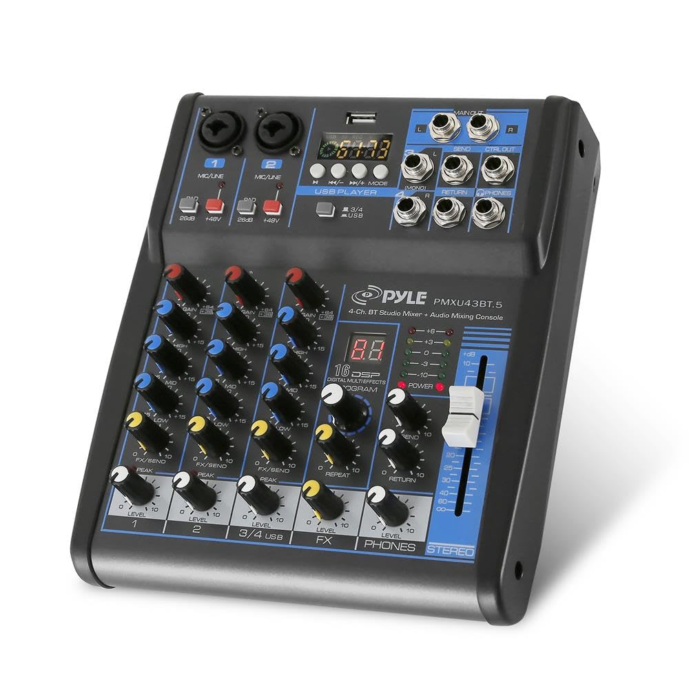 Pyle Professional Audio Mixer Sound Board Console System Interface 4 Channel Digital USB Bluetooth MP3 Computer Input 48V Phantom Power Stereo DJ Studio Streaming FX 16-Bit DSP Processor - PMXU43BT.5