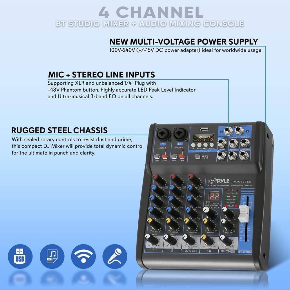 Pyle Professional Audio Mixer Sound Board Console System Interface 4 Channel Digital USB Bluetooth MP3 Computer Input 48V Phantom Power Stereo DJ Studio Streaming FX 16-Bit DSP Processor - PMXU43BT.5