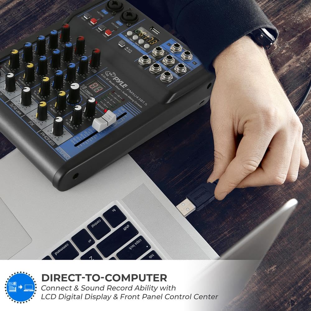 Pyle Professional Audio Mixer Sound Board Console System Interface 4 Channel Digital USB Bluetooth MP3 Computer Input 48V Phantom Power Stereo DJ Studio Streaming FX 16-Bit DSP Processor - PMXU43BT.5