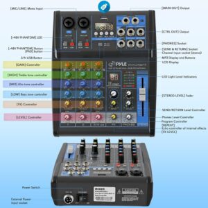 Pyle Professional Audio Mixer Sound Board Console System Interface 4 Channel Digital USB Bluetooth MP3 Computer Input 48V Phantom Power Stereo DJ Studio Streaming FX 16-Bit DSP Processor - PMXU43BT.5