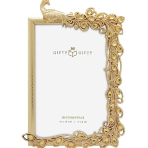 GIFTY GIFTY Jeweled Peacock Photo Frame / 4x6 In | For Vertical Display on Tabletops | Perfect for Home Decor, Wedding, Vacation, Graduation, Or Any Milestone Photos (Bronze) Gift Box