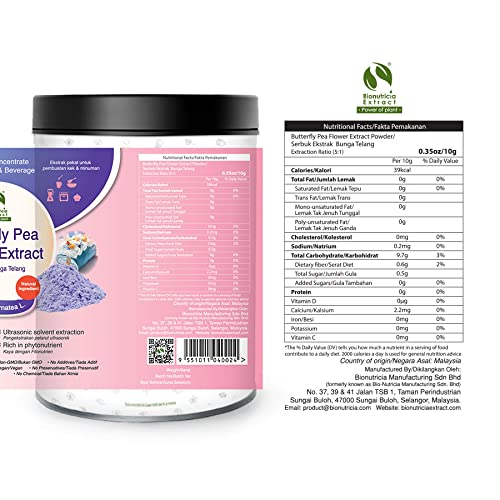 Butterfly Pea Flower Extract - Bionutricia Extract Natural Asian Gourmet Standardized Fresh Beverage or Bakery Ingredient, Natural Flavor, Natural Color- Powder for Smoothie, Tea (200g)