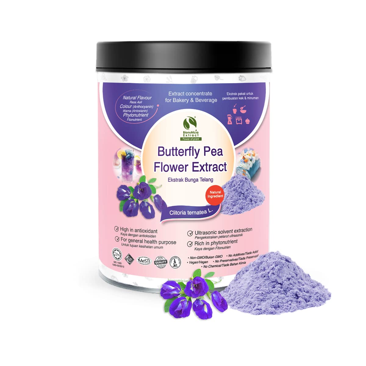 Butterfly Pea Flower Extract - Bionutricia Extract Natural Asian Gourmet Standardized Fresh Beverage or Bakery Ingredient, Natural Flavor, Natural Color- Powder for Smoothie, Tea (200g)