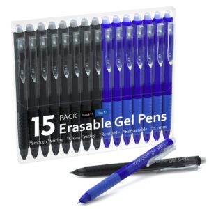 erasable gel pens, 15 pack retractable erasable pens clicker, fine point, make mistakes disappear, 8 black 7 blue inks for writing planner and crossword puzzles…