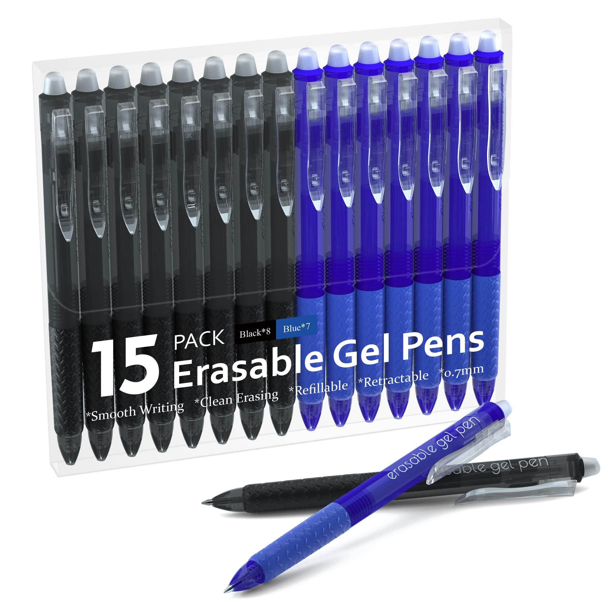 Erasable Gel Pens, 15 Pack Retractable Erasable Pens Clicker, Fine Point, Make Mistakes Disappear, 8 Black 7 Blue Inks for Writing Planner and Crossword Puzzles…