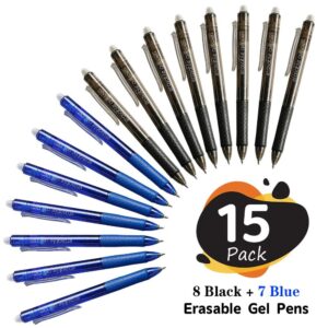 Erasable Gel Pens, 15 Pack Retractable Erasable Pens Clicker, Fine Point, Make Mistakes Disappear, 8 Black 7 Blue Inks for Writing Planner and Crossword Puzzles…