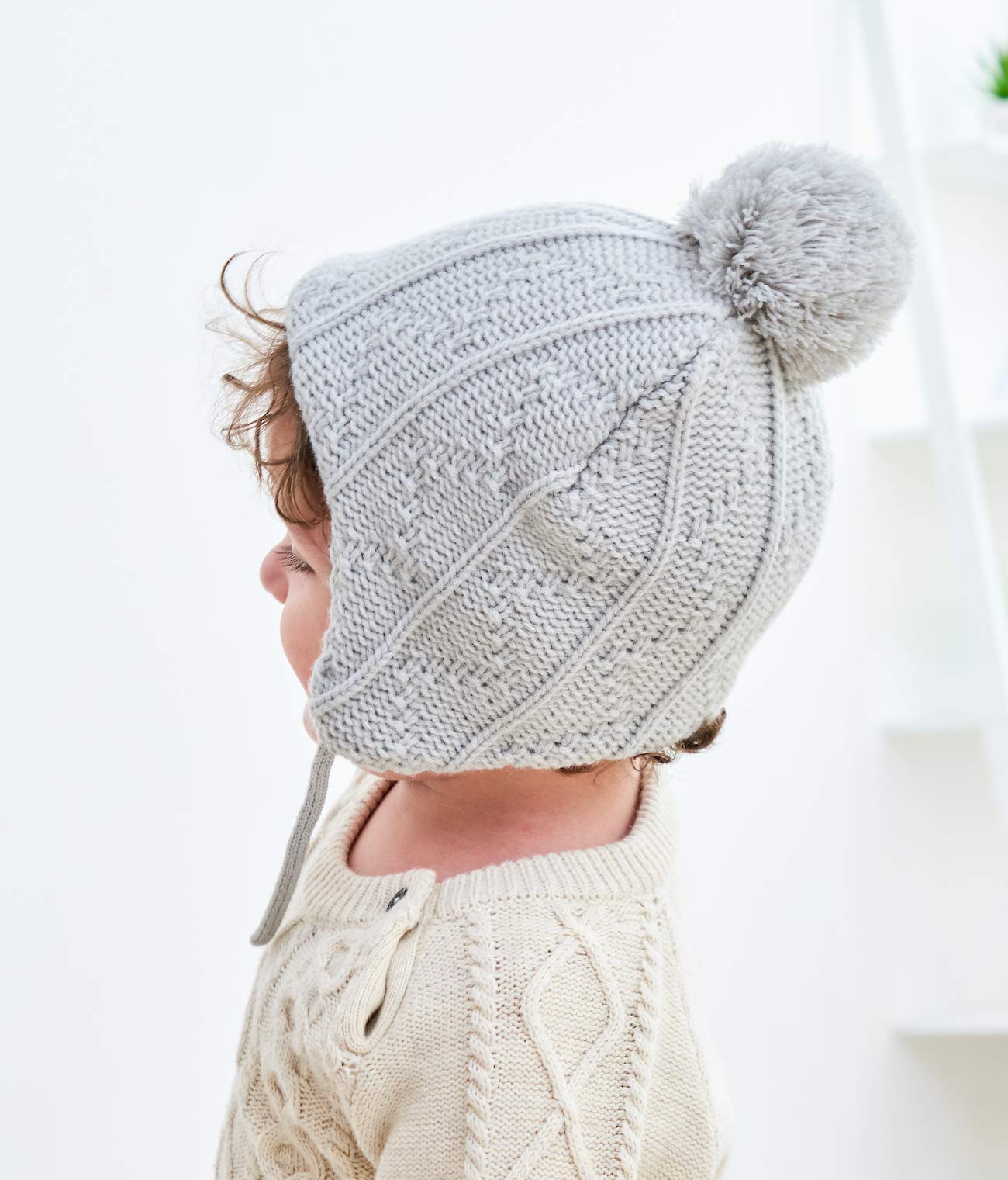 Home Prefer Toddler Girls Winter Hat with Earflaps Soft Sherpa Lining Knitted Hat Kids Winter Hat Light Gray 2-4T