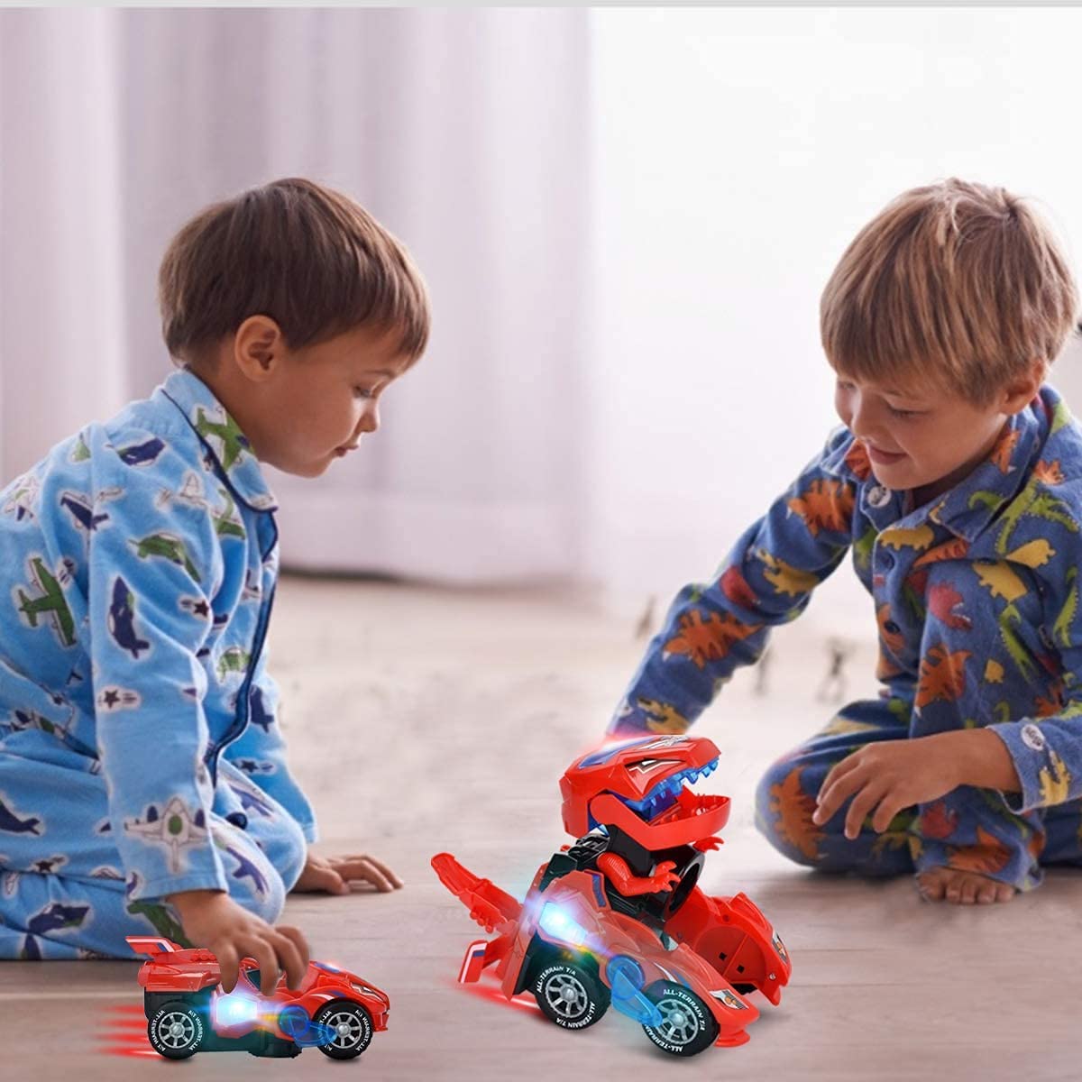 INLAIER Transforming Dinosaur Toys, 2 in 1 Automatic Transforming Dinosaur Car with LED Light and Music Transform Dino Car for Kids Christmas Birthday Gifts (Red)