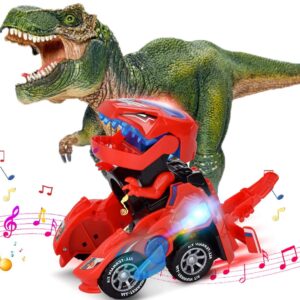 INLAIER Transforming Dinosaur Toys, 2 in 1 Automatic Transforming Dinosaur Car with LED Light and Music Transform Dino Car for Kids Christmas Birthday Gifts (Red)