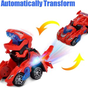 INLAIER Transforming Dinosaur Toys, 2 in 1 Automatic Transforming Dinosaur Car with LED Light and Music Transform Dino Car for Kids Christmas Birthday Gifts (Red)