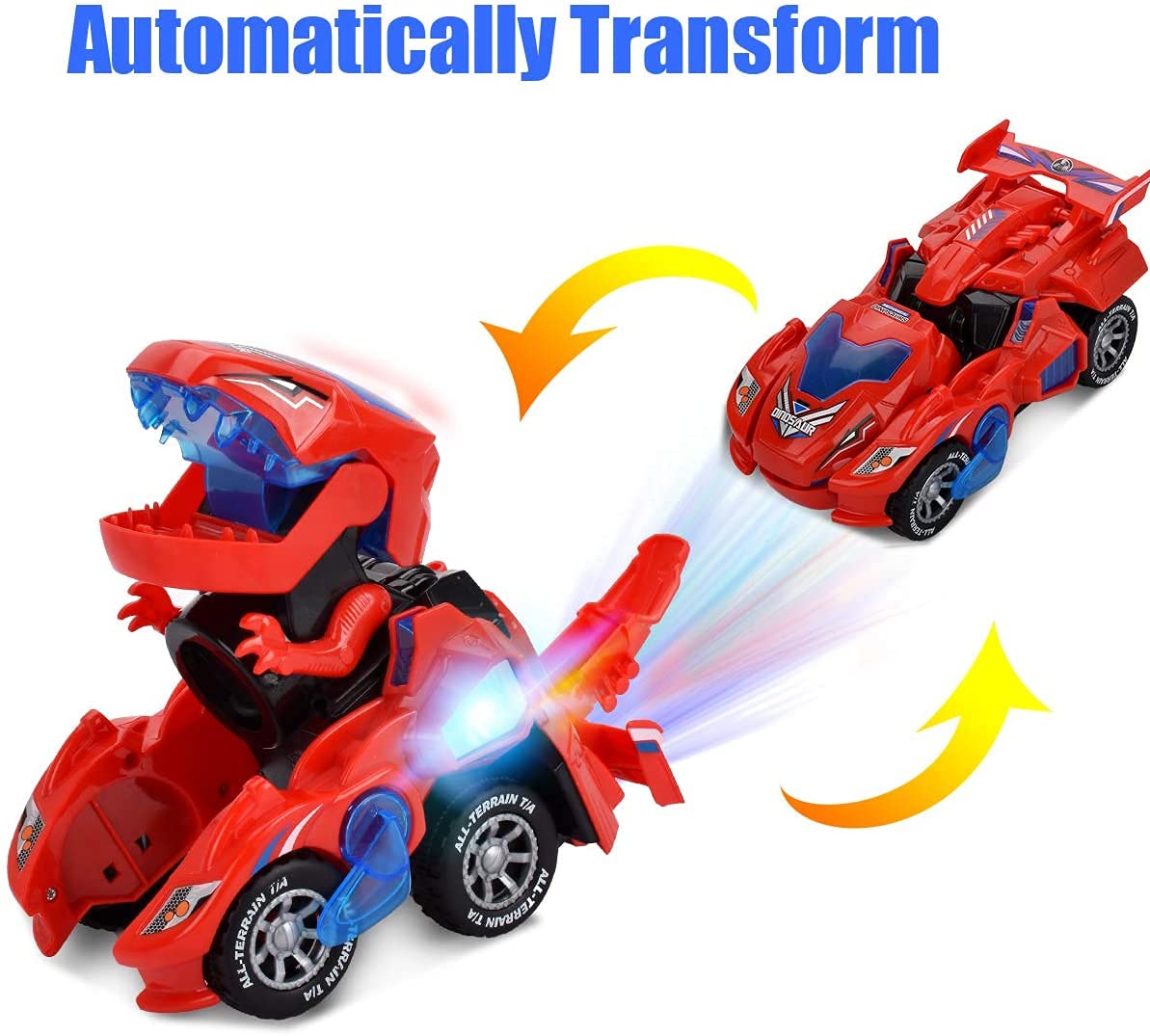 INLAIER Transforming Dinosaur Toys, 2 in 1 Automatic Transforming Dinosaur Car with LED Light and Music Transform Dino Car for Kids Christmas Birthday Gifts (Red)