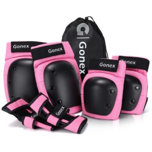 gonex knee pads elbow pads with wrist guards, kids youth adult skateboard skate pads 3 in 1 protective gear set for skateboarding skating roller skating scooter cycling biking bicycle, pink s