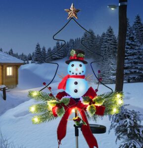 doingart outdoor solar light christmas decorations, snowman christmas light with faux red berry, foliage accents garden decor stakes
