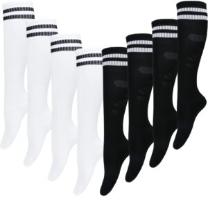 4 pairs soccer socks football sport team white black knee high socks for youth boys girls, best for running, present for 5 6 7 8 9 10 11 12 year old kids