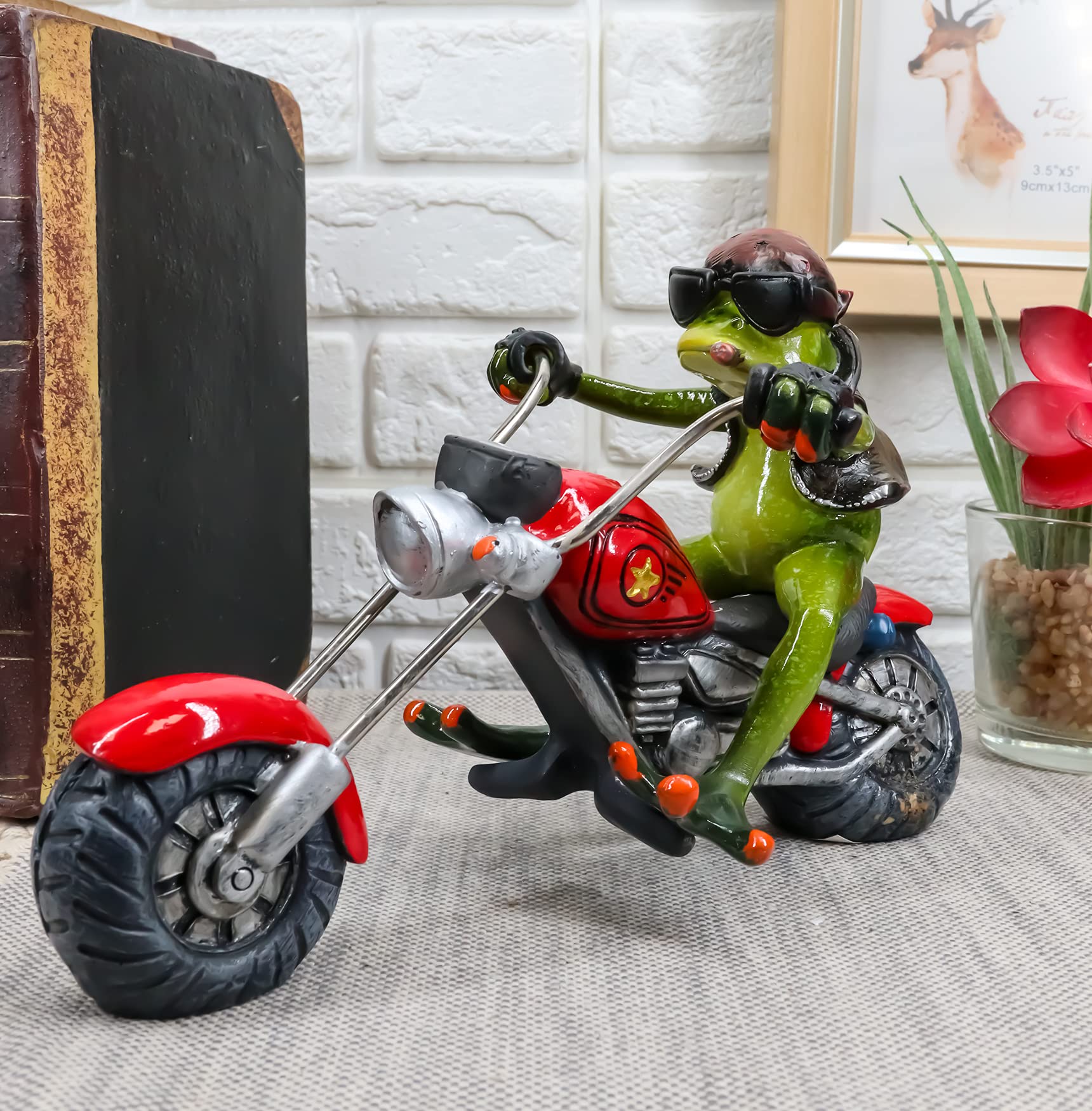 Ebros 8.5" Long Born to Ride Biker Frog Smoking Cigar Riding On Red Chopper Motorcycle Bike Statue Crazy for Frogs Toads Home Decor Accent