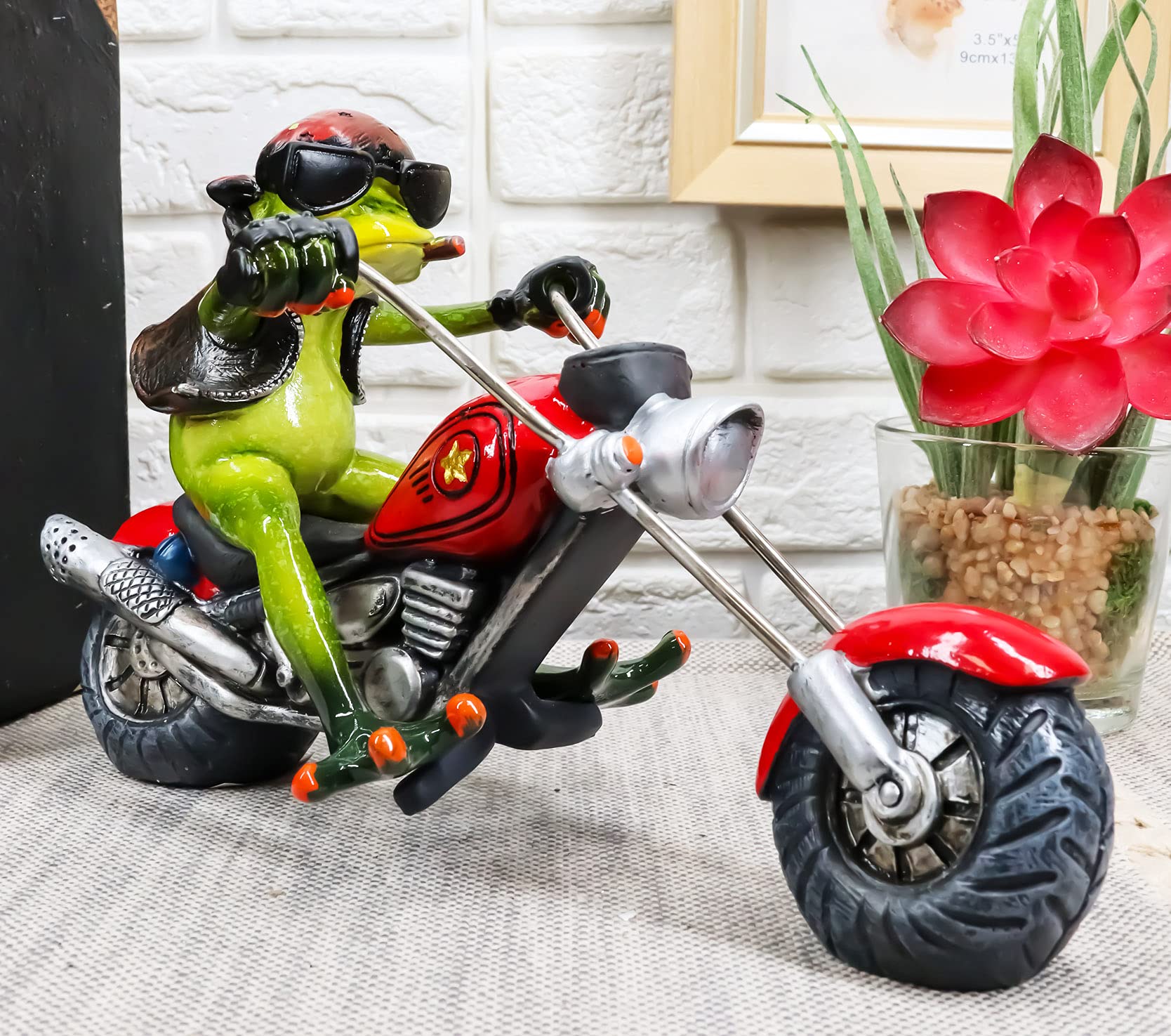 Ebros 8.5" Long Born to Ride Biker Frog Smoking Cigar Riding On Red Chopper Motorcycle Bike Statue Crazy for Frogs Toads Home Decor Accent