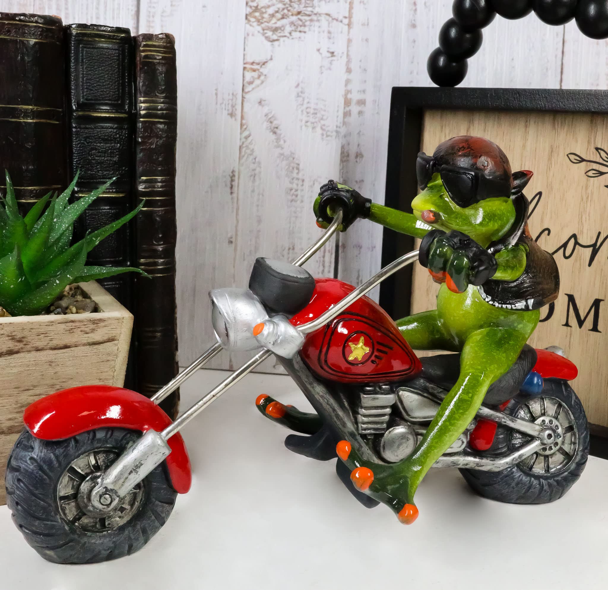 Ebros 8.5" Long Born to Ride Biker Frog Smoking Cigar Riding On Red Chopper Motorcycle Bike Statue Crazy for Frogs Toads Home Decor Accent