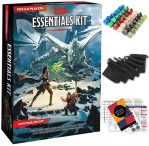 dungeons and dragons essentials kit - starter set extra 6 dice sets, flannel bags, master screen, figures, new heroes, dice guide, statistic sheets - dnd 5th edition rolling board game