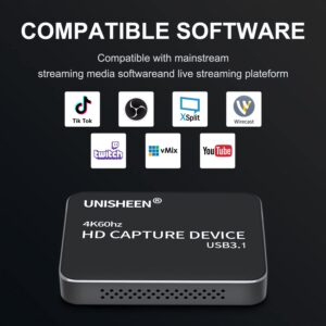 UNISHEEN USB 3.0 Game Capture Card 4K HDMI Video Adapter Card, Broadcast Live Stream and Record, HDMI to USB 3.0 Dongle HD 1080P Live Streaming Video Game Grabber Converter