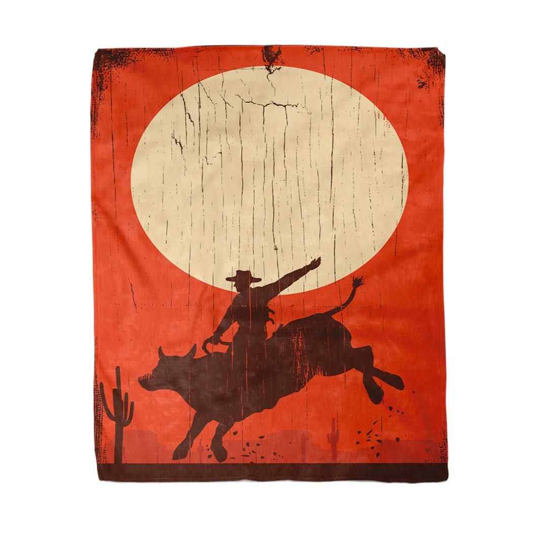 rouihot 50x60 Inches Flannel Throw Blanket Silhouette of Cowboy Riding Bull at Sunset on Wooden Home Decorative Warm Cozy Soft Blanket for Couch Sofa Bed